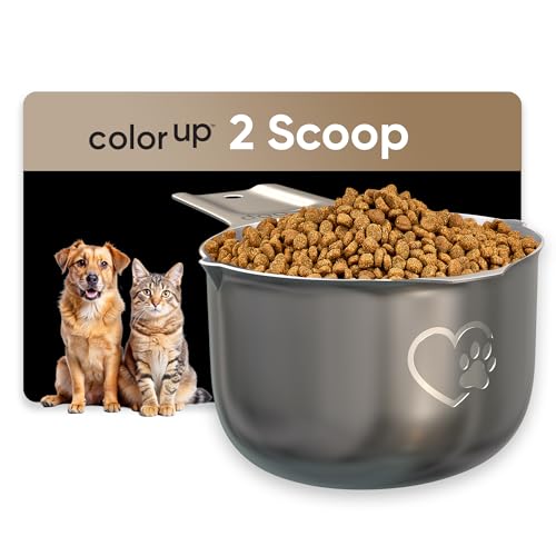 Color Up 2 Scoop (2 Cup / 480 ml) Stainless Steel Pet Food Measuring Scoop for Dogs, Cats, Rabbits & Birds – Dual Pour Spouts, Ergonomic Handle, Dishwasher Safe