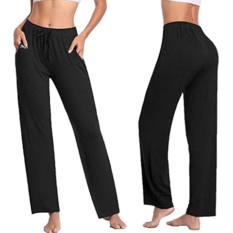 Jorlyen Women's Yoga Pants Long Modal Comfy Drawstring Trousers Loose Straight-Leg for Yoga Running Sporting with Pockets, Black, M Cover