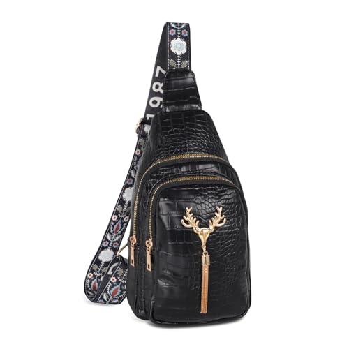 Relang Sling Bag for Women Crossbody, Leather Cross Body Fanny Packs for Women, Trendy Chest Bag for Travel and Daily Use Golden Deer Head Black Leath