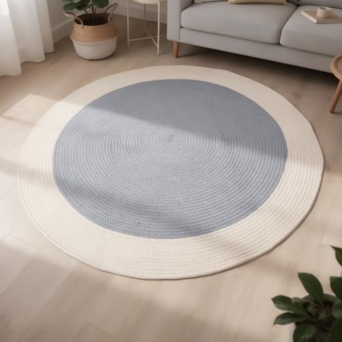 Image of Encasa XO Handmade Round Crochet Rug 2-Tone Circular Cotton Area Rug for Nursery, Bedroom & Living Room | Boho Modern Minimalist Floor Mat Natural Reversible | Grey & Off White | 120 cm | 4 Ft