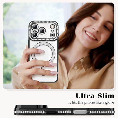Image of for iPhone 17 Pro Max Magnetic Glitter Case,Luxury Bling Rhinestone Diamond Plated Bumper Case Sparkle Camera Lens Protection Clear Cover for iPhone 17 Pro Max (Black)