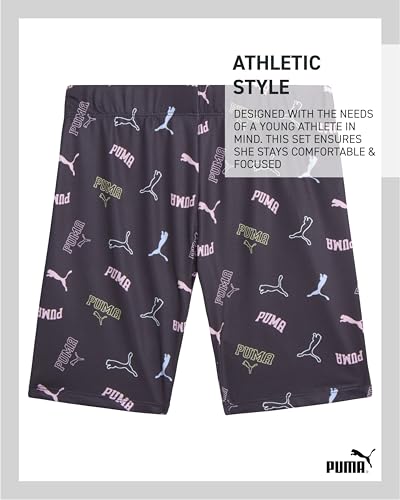 Image of PUMA Girls' Biker Short Set - 2 Piece Short Sleeve Crewneck Graphic Tee Shirt and Bike Shorts for Girls (Sizes: 7-14)