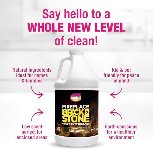 Fireplace Cleaner Refill by Quick 'n Brite, 64 oz - Includes free brush; Non-toxic; Cleans glass, brick, tile, stone, river rock; Removes soot, smoke, creosote & more