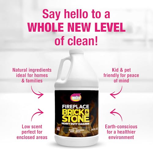Fireplace Cleaner Refill by Quick 'n Brite, 64 oz - Includes free brush; Non-toxic; Cleans glass, brick, tile, stone, river rock; Removes soot, smoke, creosote & more