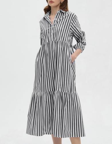Image of EZAPINE Womens Babydoll Striped Shirt Midi Dress Puff Long Sleeve Collared Button Tunic Flowy Swing Dresses