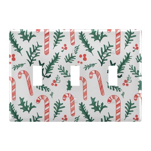 Light Switch Cover Christmas Cane Holly Leaves Wall Plates for Electrical Outlets 3 Gang 202b7083
