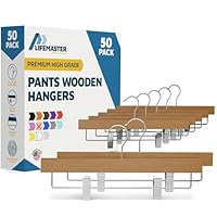 Natural Color Wooden Pants Hangers, Lotus Wood Hanger with Adjustable Non-Slip Clips, Heavy Duty 10 lb Capacity, 360° Swivel Hook, Slim, Space-Saving Design for Slacks, Jeans, Skirts