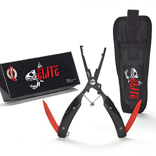 Fish Elite Blood Red Fishing Plier Multitool Stainless Steel Hook Remover Saltwater & Corrosion Resistant Gear and Equipment Professional Fisherman Multi-Tool with Protective Case