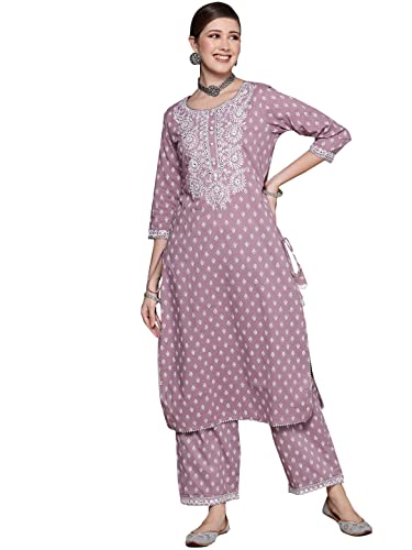 Image of ishin Women's Purple Embellished A-Line Kurta Set With Palazzo