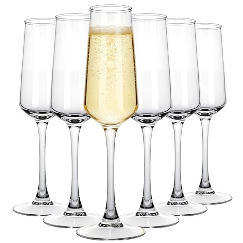 6 PCS Hand Blown Champagne Glasses, Elegant 7.9 Ounce Flutes for Weddings, Birthdays, and Anniversaries,Perfect Transparent Glasses for Celebrations and Special Occasions