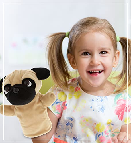DolliBu Pug Dog Plush Hand Puppet for Kids - Soft Furry Stuffed Animal Hand Puppet Toy for Puppet Show Games & Puppet Theaters for Kids Adult Cute Puppets Educational Toy to Teach Children & Toddlers