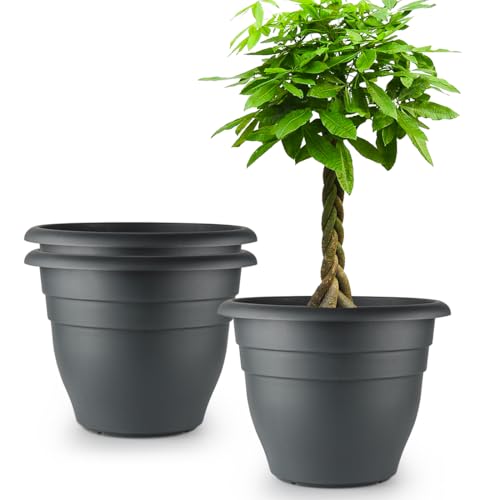RooTrimmer 3 Pack Large 16 Inch Plastic Plant Pots for Outdoor Plants Durable & Lightweight Flower Pots with Drainage Holes Weather-Resistant Large Planters for Patio Garden(Gray)
