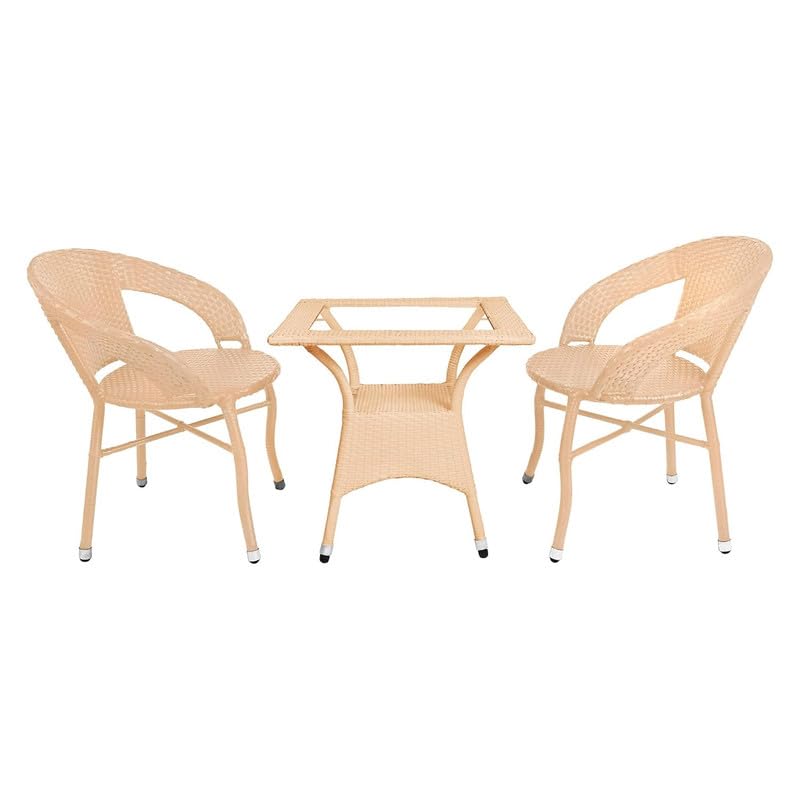 Image of Amazon Brand - Solimo Rattan and Wicker Garden Patio Seating Chair and Table Set Outdoor Balcony Garden Coffee Table Set Furniture with 1 Square Glass Top Table and 2 Chairs Set for Home (Cream)