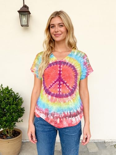 Women Hippie Shirt 60s 70s Peace Love Graphic Tie Dye V-Neck Tshirt Vintage Hippie Style Tee Tops — view 4