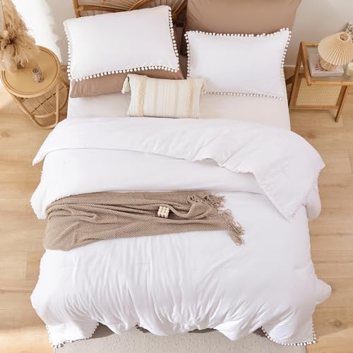 YIRDDEO King Size Comforter Set - King Size Comforter with Ball Pom Fringe, Soft King Bedding Set for All Seasons - 3 Pieces, 1 Comforter (104"x90"inches) & 2 Pillow Shams(20"x36"), White