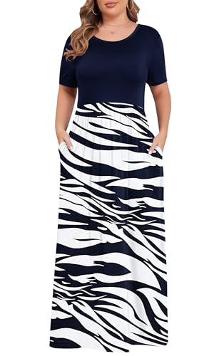 Image of KARALIN Women Plus Size Maxi Dress Short Sleeve Round Neck Loose Fit A-Line | Plus Size Long Dress,Summer Casual Maxi Dresses,Short Sleeve,Side Pockets,Round Neck,Elastic Waist,14 Plus - 26 Plus