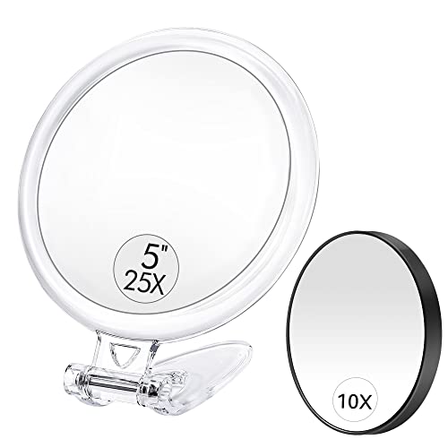 Espejo de mano, aumento de doble cara 1X/25X, espejo de aumento de 5 pulgadas y 25X con asa, espejo de maquillaje, espejo de aumento de viaje, removedor de manchas/puntos negros Cover