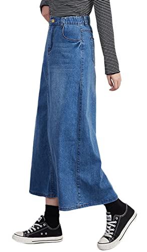 CHARTOU Women's Casual Elastic Waist Zip Up Denim Maxi A Line Skirt with Pockets3