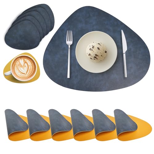 Placemats and Coasters Sets of 6, Round PU Leather Table Mats Dual-Sided Place Mats Heat-Resistant Washable Non-Slip Table Placemats for Kitchen Restaurant Outdoor (Blue Yellow)