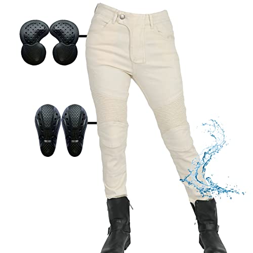 SHUOJIA Pantalon de moto en jean femme chevalier,Beige pantalon d'équitation décontracté élastique coupe-vent imperméable pantalon de moto avec 2 paires de protection hanche et genou amovible (S)