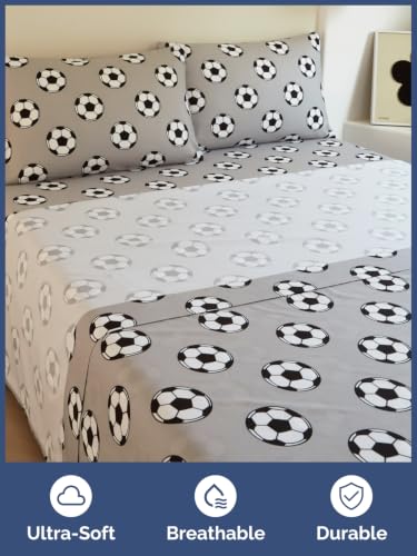 Image of Kids Queen Size Soccer Bed Sheets - 4 Piece Kids Soccer Sheet Set - Athletic Sporty Bedding - Ultra-Soft, Cute & Cozy - Breathable & Machine Washable - Grey Bed Set for Boys, Girls, Teens & Toddlers