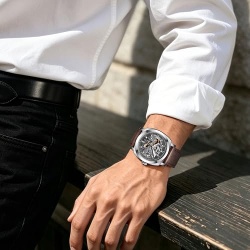 Image of Benyar Automatic Watches for Men | Skeleton Mechanical Leather Strap Mens Watch | 45mm Dial | 30M Waterproof | Men's Stylish Gift