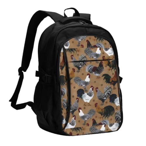 YzgWjBhd Rooster and Chicken Print USB Travel Laptop Backpack