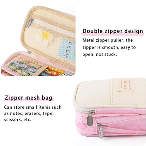 iSuperb Foldable Pencil Case Zipper Big Capacity Canvas Pencil Pouch Stationery Organizers Pen Bag Compartments Cosmetic Makeup Bags for Women (Pink+Beige) - Thumbnail 3