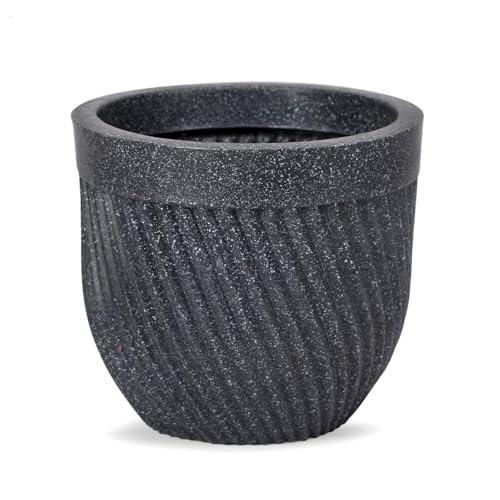 Image of Bonkaso 10 Inch Seltos Ribbed Planter for Indoor & Outdoor Use | Round Heavy Duty Polymer Flower Pot | Lightweight Weather Resistant Modern Gamla for Living Room Balcony & Terrace (Dark Grey)