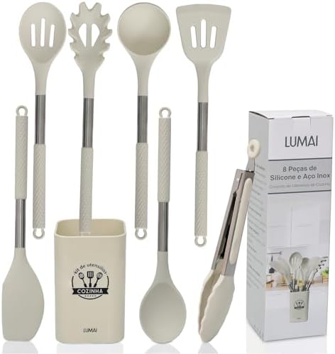 LUMAI Kit Utensílios de Cozinha Inox e Silicone 8 Peças com Suporte - Bege