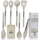 LUMAI Kit Utensílios de Cozinha Inox e Silicone 8 Peças com Suporte - Bege
