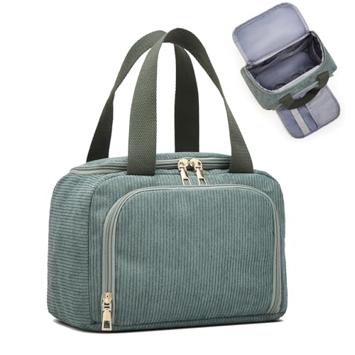 Funtlend Kosmetiktasche Damen Cord Kulturtasche mit Weit Öffnendem Design & Großer Stauraum, Inklusive Pinseltasche und Aufhängegriff,Waschbeutel Organizer für Alltag und Reise (Grün)