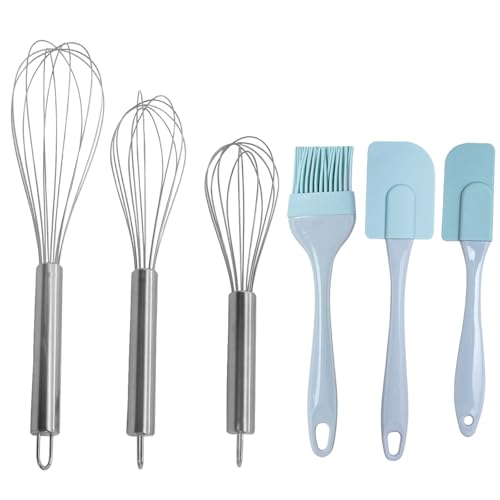 3 Pack Egg Whisk and Cooking Brush Scraper Set, Stainless Steel Wire Whisks for kitchen Cooking Blending Whisking