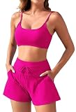 Pink Queen High Waisted Shorts Bikini Set for Women Cute Bathing Suit Two Piece Swimsuit for Ladies Beach Wear with Pockets Hot Pink S