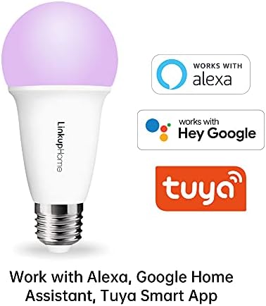 LinkupHome Smart Bulb , RGBW WiFi Bulb, Work with Alexa, Google Assistant, Tuya Smart App(No Hub), E27 10W Dimmable 16 Million Colors and 3000K White LED Light, 1 Pack.
