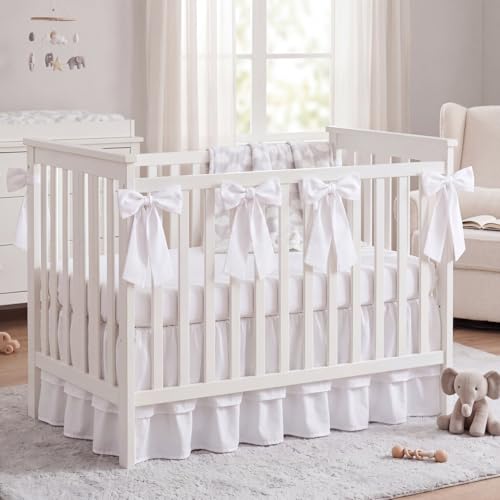 Image of Smoothnovelty White Crib Bed Skirts with 4 Large Cot Bow 28 inch x 52 inch,14 inch Drop