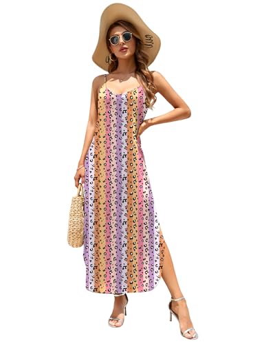 Image of HUSKARY Women's Summer Casual Sleeveless V Neck Strappy Split Loose Dress Beach Cover Up Long Cami Maxi Dresses with Pocket