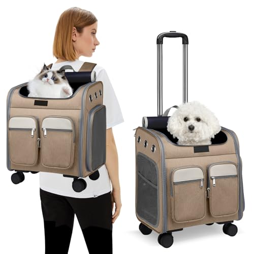 PETCUTE Zaino Trolley per Cani e Gatti,Zaino Portatile per Cani con Tasche Frontali,Multifunzionale,Traspirante Zaino per Gatti Grande con Ruote,Zaino per Animali Domestici,Tappetino Rimovibile