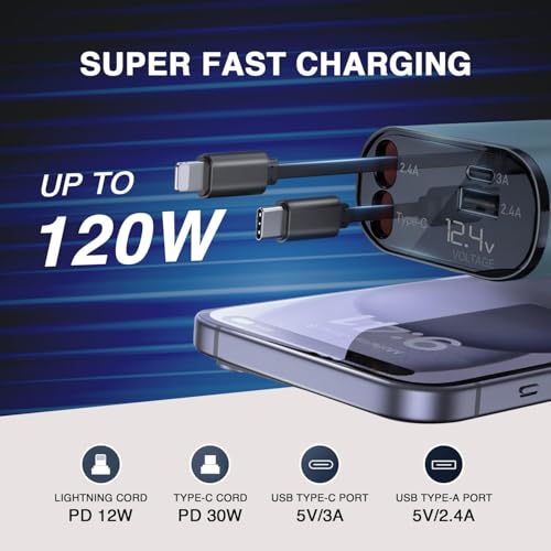 Image of Prolet 120W 4 in 1 Car Charger with 2 Retractable Cable (Type C & iPhone), 1 USB & 1 Type C Port- Universal Car Charger Compatible with All Android & iPhone Series 17 /16 / 15 /14 / 13 /12 / 11