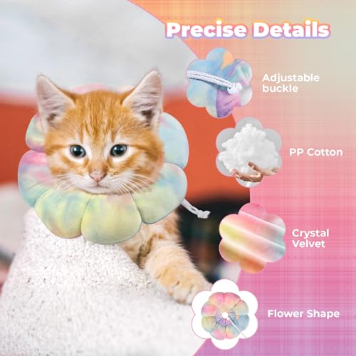 Image of Flower Cat Cone, Uadonile Adjustable Cat Cone Collar, Soft Dog Elizabethan Collar Recovery E Collar After Surgery, Recovery E-Collar for Kittens /Puppies and Cats Recovery(Tie-dye Pink Blue, S)