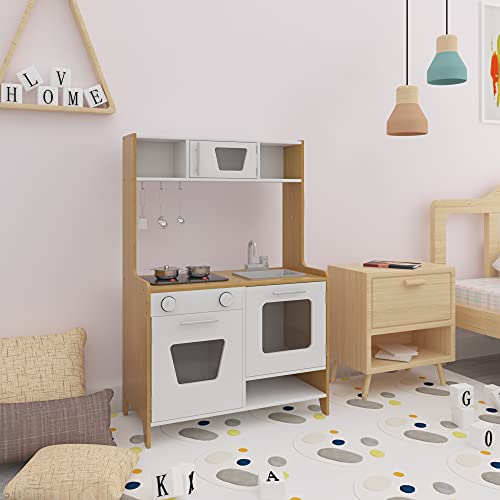WOLTU Kinderküche Spielküche mit Licht und Sound, Holz Küche inkl. 5tlg Küchenset Holzspielzeug für Kinder Natur+Weiß… – Bild 7