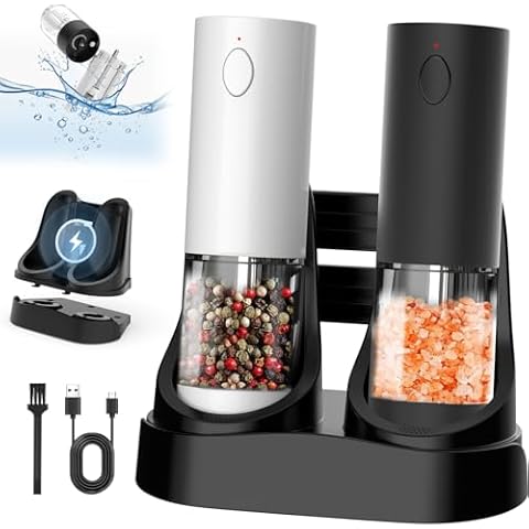 Rechargeable Electric Salt and Pepper Grinder Set, Automatic Salt Pepper Mill Grinder with USB Charging Base & White LED Light, Adjustable Coarseness, Washable Container, One-handed Operation, 2 pack Cover