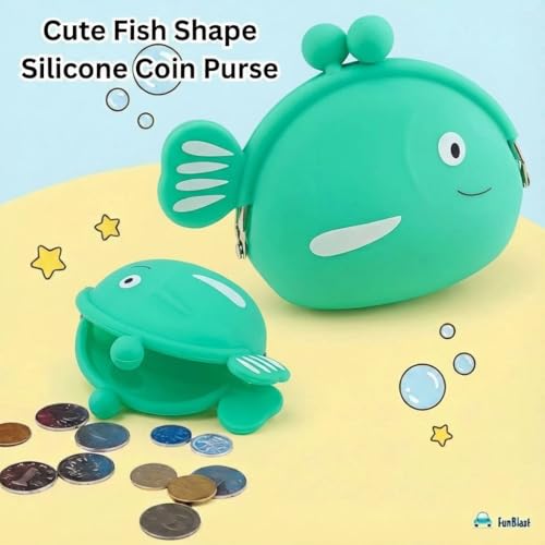 Image of FunBlast Cute Fish Shape Silicone Coin Purse for Kids & Adults - Mini Pouch for Coins, Earphones, Keys & Small Essentials, Aesthetic Pouches for Girls & Women - 12 X 9.5 X 3 Cm (Green)