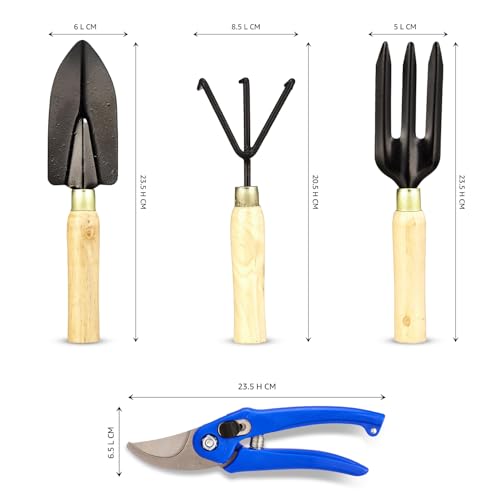Image of 4 Piece Gardening Tool Set | Hand Cultivator, Trowel, Garden Fork, Pruner with Wooden Handle