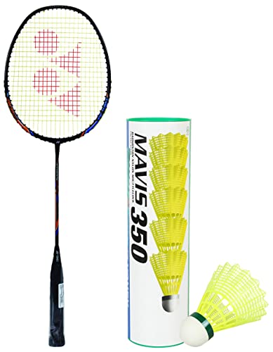 Image of Yonex Nano ray 18I Badminton Racquet (Black, Graphite, G4 - 77g, 30 lbs. Tension) & Mavis 350 Green Cap Nylon Shuttlecock (Yellow)