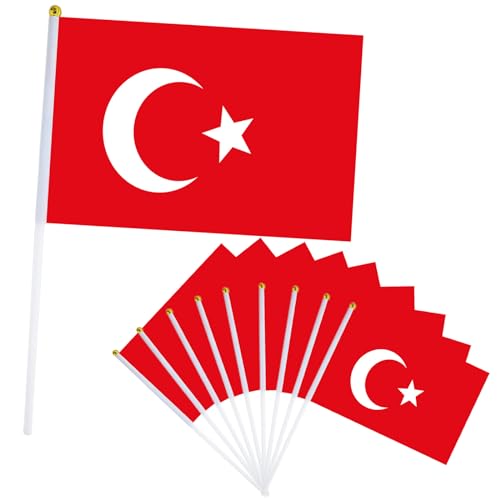 10er Türkiye Flagge Klein Türkiye Fahne 21x14cm,Oly Flagge Türkiye Handflagge Türkiye Fanartikel Mini Türkiye Handgehaltene Flaggen für Oly Deko 2024,Euro Fußball Party EM Deko 2024