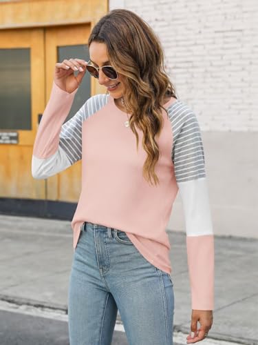 Minetom Women'S Color Block Tunic Tops Striped Long Sleeve Shirts Casual Round Neck Pullover B Pink thumb #2