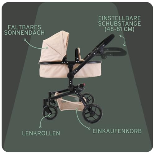 Bandits & Angels Puppenwagen Beige Modern Angel 2in1 Sand ab 3 Jahren – Puppenbuggy – Für Mädchen – Verstellbarer Schieber 48-81 cm – Komplett zusammenklappbar – Mit Einkaufskorb – Bild 3