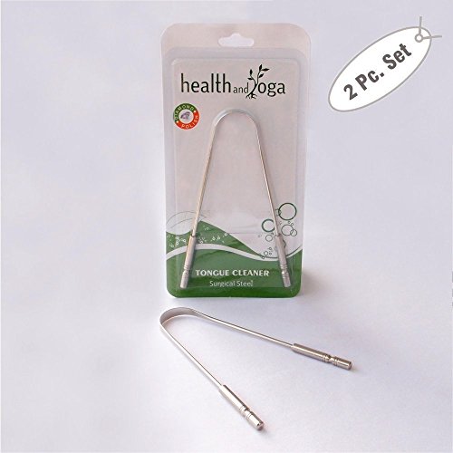 HealthAndYoga(TM) Surgical Grade Stainless Steel Tongue Cleaner Scraper - Bacteria Inhibiting, Non-Synthetic Grip - Sterilizable - Set of 2