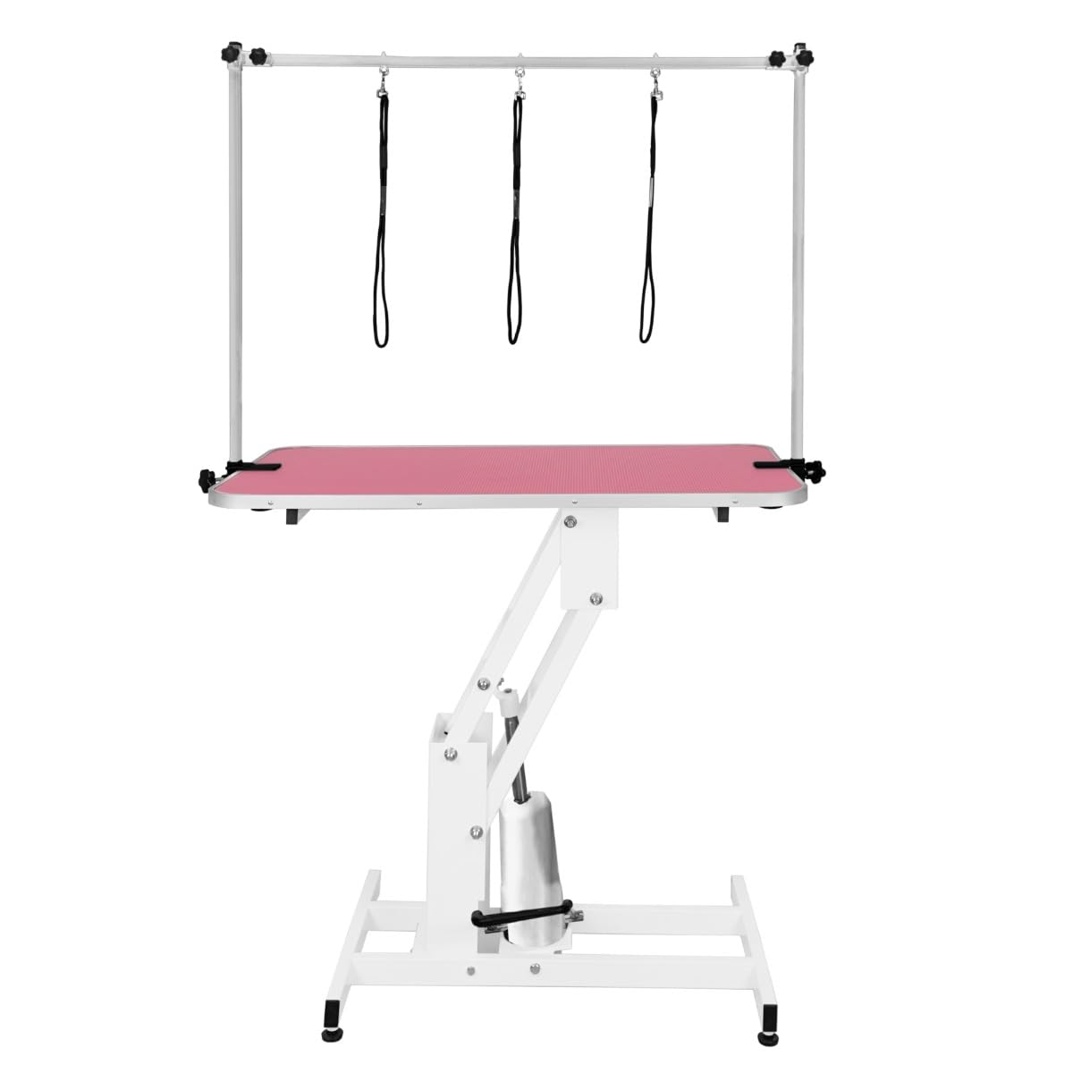 Hydrauliczny podnośnik stołu do pielęgnacji zwierząt domowych, z regulacją wysokości, 180 kg, udźwig duży, 106 cm x 61 cm, różowy, gumowy blat, profesjonalna, wytrzymała, stalowa, biała rama, 4